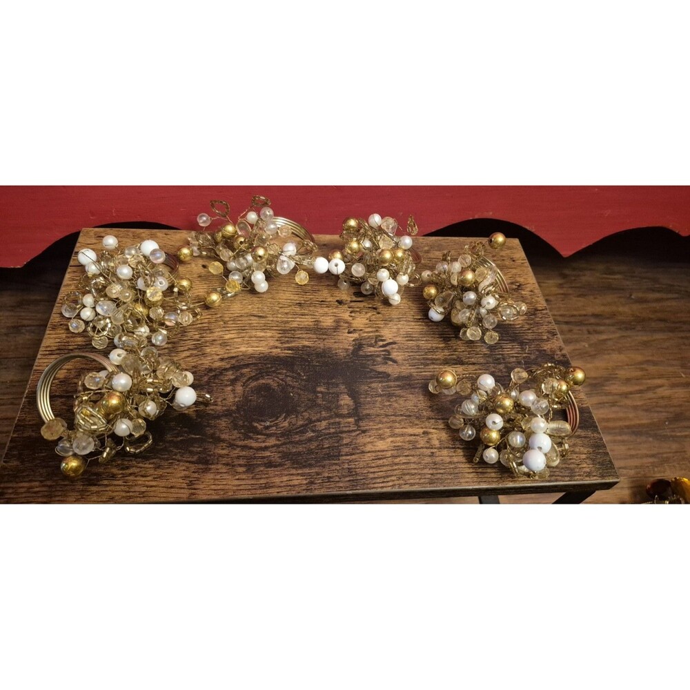 Vintage Beaded Napkin Rings Set of 6 Gold Pearl Amber Crystal Holiday Table EUC